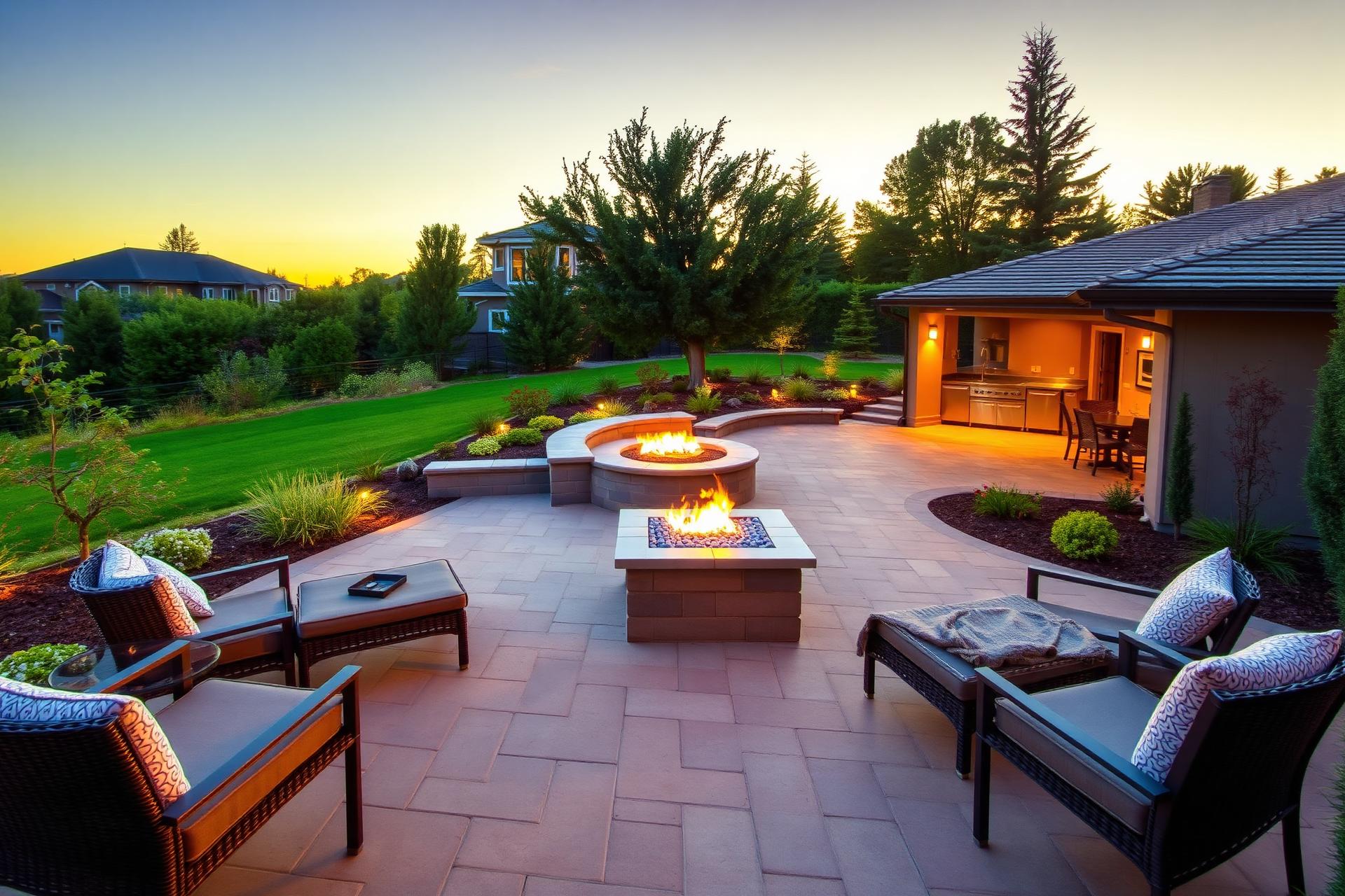 Modern Bay Area backyard with paver patio, fire pit and outdoor kitchen at sunset